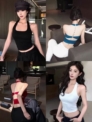 辣妹设计感重工星星链条露背吊带背心挂脖带杯垫夏季新款气质镂空#谁穿谁好看#吊带背心 #好物推荐🔥 #时尚穿搭 #洋气减龄