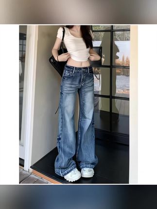 加长美式复古水洗阔腿微喇叭牛仔裤女2025年秋季新款辣妹拖地裤子#牛仔裤女 #微辣牛仔裤 #拖地裤女 #美式复古 #阔腿裤女