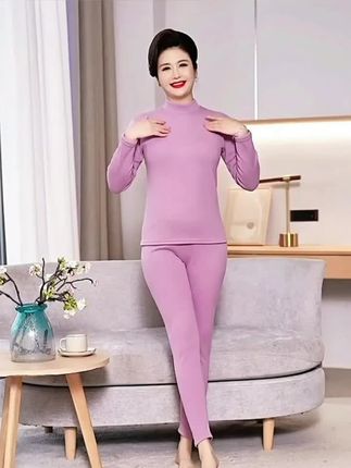 半高领保暖女士加绒加厚套装中老年人妈妈特厚秋衣秋裤防寒衣