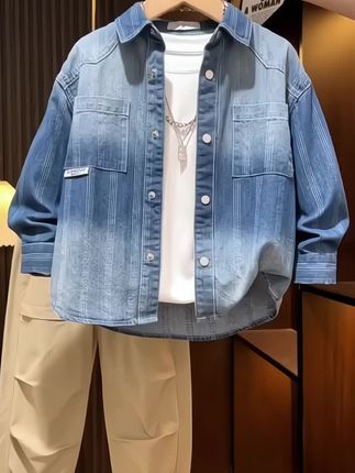 #我要上热门🔥 男童牛仔衬衫春秋装2025新款儿童衬衣中大童男孩渐变色休闲薄外套#外套穿搭 #牛仔衬衫#面料柔软舒适#潮酷男孩