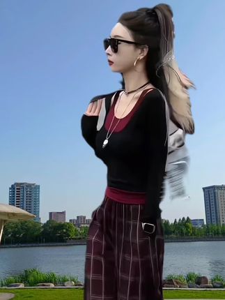 早秋美式辣妹挂脖打底衫女春秋内搭长袖T恤假两件短款小个子上衣#优雅气质 #春秋穿搭 #时尚搭配