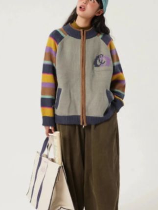 冬季复古撞色彩虹条纹毛衣针织开衫女拼接圆领宽松美式复古外套#毛衣针织开衫 #外套 #开衫 #女装