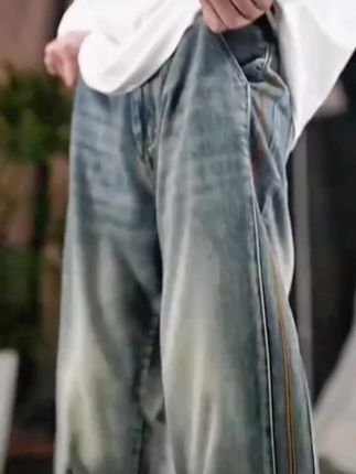 美式潮牌条纹牛仔裤男士春秋新款宽松裤子男款爆款2025新款直筒#视频同款#男装#休闲裤#百搭时尚#直筒裤@DOU+小助手