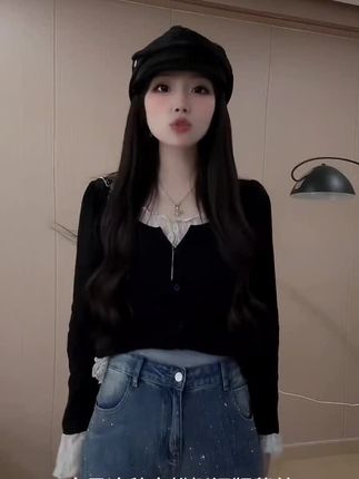 【现货】胖mm秋季显瘦遮肉蕾丝拼接上衣黑色假两件正肩长袖08001