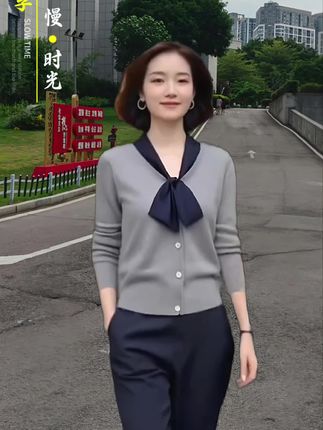 韩版高级女装通勤设计感春秋新款拼接系带针织上衣直筒裤两件套#春秋穿搭高级有范#轻奢洋气潮流款式#女性穿搭高级感#一件好的衣服能让你不动声色的美