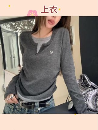 大码胖mm美式拼接假两件正肩长袖T恤女秋季不规则打底衫上衣#打底衫 #上衣 #长袖T恤 #假两件针织衫 #假两件t恤