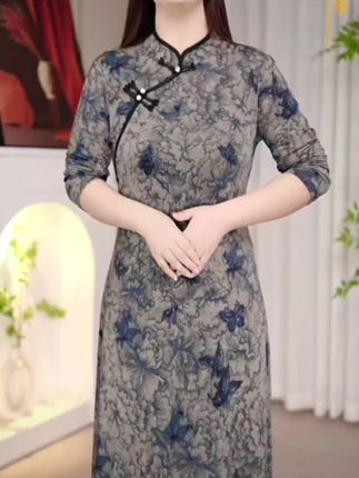 春秋新款冰雪丝弹力缎长袖改良版旗袍裙,大码中老年妈妈裙子 #气质优雅 #旗袍 #民族风女装 #高级感穿搭 #连衣裙