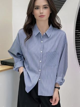 韩版秋季蓝条纹叠穿甜美衬衣宽松百搭休闲洋气女衬衫#条纹衬衫 #长袖衬衫 #休闲衬衫