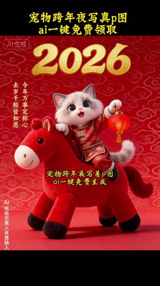 宠物跨年祝福写真#即梦ai#宠物跨年祝福写真p图教程#马年生肖 #萌宠#2026你好出色