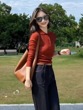 复古红色polo领长袖针织衫女秋冬可外穿高级感显瘦内搭打底衫上衣