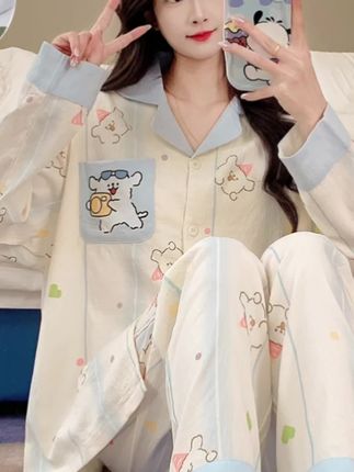 带胸垫睡衣女春秋季2025新款云朵棉长袖卡通可爱家居服套装可外穿