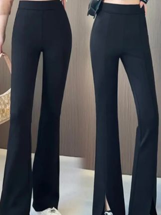 2025秋款九分长裤女时尚显瘦休闲百搭高腰弹力开叉微喇裤332829