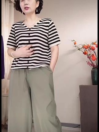【100%纯棉】V领短袖条纹镂空透气夏季女士时尚宽松显瘦百搭上衣#V领条纹上衣#穿搭喜欢我关注我