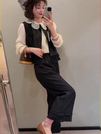 #早秋三件套 #皮衣马甲娃娃领衬衫阔腿裤三件套