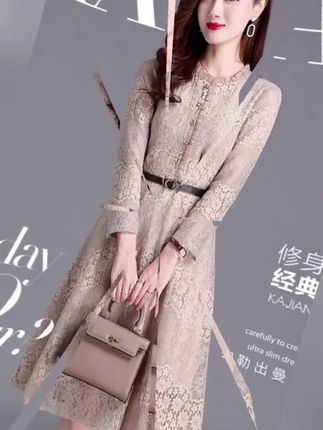 长袖蕾丝连衣裙女装秋装024年新款气质名媛中长款小个子春季裙子#时尚气质穿搭