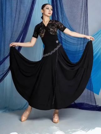 WJJdance摩登舞大摆鱼骨半身裙女2025新款贴钻立体花飘带国标长裙- #摩登舞裙推荐 #优雅舞裙穿搭 #大摆裙的魅力 #舞场焦点单品 #蕾丝闪钻舞裙