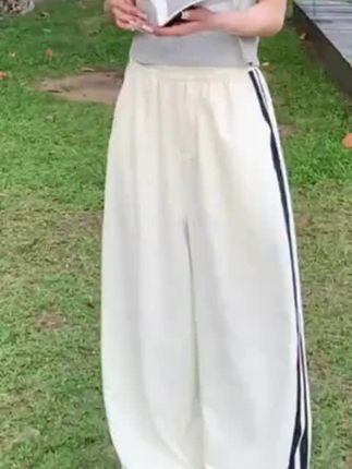 美式复古侧边条纹休闲裤女夏季直筒卫裤宽松显瘦阔腿运动速干裤子#直筒裤#运动裤#阔腿裤