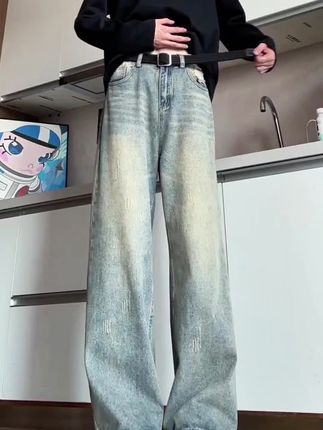 美式复古水洗做旧牛仔裤男款秋季2025新款潮牌宽松直筒阔腿长裤子#牛仔裤#ootd穿搭#谁穿谁好看#高级感穿搭#显高显瘦显腿长