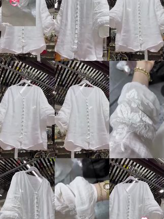 #谁穿谁漂亮 #穿出自信穿出美丽 #夏季穿搭 夏季新款女装时尚减龄别致圆领前扣设计中袖薄款刺绣束口边半身衫