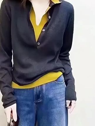 大码小众设计感撞色假两件翻领针织衫女秋季新款胖mm宽松百搭上衣