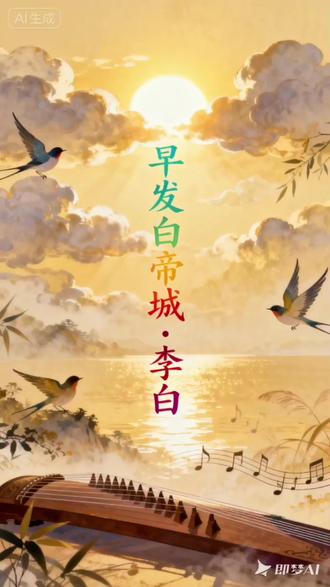 #古诗配画 朝辞白帝彩云间,千里江陵一日还。两岸猿声啼不住,轻舟已过万重山。