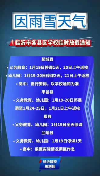 因雨雪天气,临沂各县区学校临时放假通知❗兰陵县,平邑县,费县,郯城县#临沂#平邑县 #费县 #兰陵县#郯城县