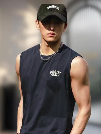 无袖宽肩T恤男夏季训练透气吸汗运动健身背心男款复古圆领汗衫#运动背心 #健身穿搭 #无袖背心 #舒适透气 #男士背心