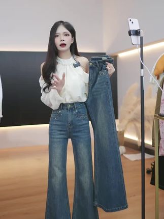 烫钻不贴腿微喇叭牛仔小个子女2025早秋新款高腰宽松喇叭裤设计感