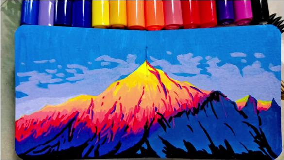 马克笔第6幅:日照金山#丙烯马克笔绘画 #日常瞎画 #画渣本渣 #自学画画打卡