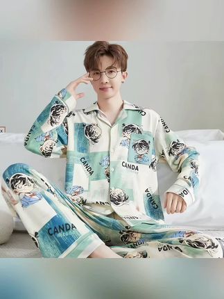 男款睡衣长袖长裤纯棉春秋季卡通青少年大学生秋冬款可外穿家居服#睡衣男 #家居服男 #睡衣家居服 #家居服套装