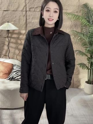 春款轻薄款外套有棉衣夹棉时尚衬衫领女显瘦打格菱格棉衣气质外套