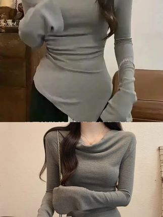 长袖T恤女荡领秋冬内搭打底衫热辣美式春季修身性感不规则上衣服#长袖T恤女#穿搭分享 #女装穿搭 @DOU+小助手 @DOU+上热门 @巨量千川
