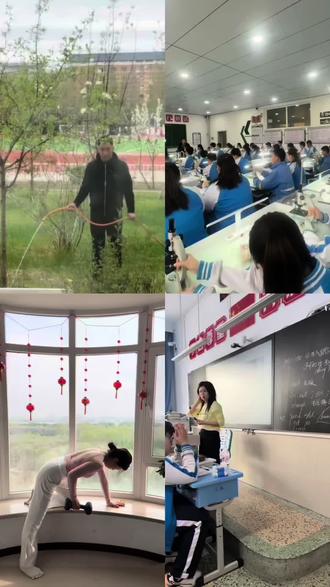 2026.5.14 今天下午陪学生去上生物实验课,偶然拍到了校长在照顾校园里的绿植。对校园缝缝补补的校长我们三中也有哦,今天5:10-6:40锻炼,7:20到校。8:00备课;8:45-9:35上课;9:35-10:10和学生谈心(bgm,谁在安慰无知的少年)10:10-10:40上课;11:00-11:40给孩子们做期中成绩分析,最近部分同学学习状态不对,思想教育跟上,好的班主任必须能胜任传销员的工作,洗脑中;11:40-12:00部分同学家长会;下午陪着上一节生物实验课;间操风大,班主任看班,接着讲英语习题。忙忙叨叨的一天