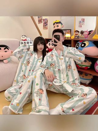 奥美诗嘉蜡笔小新联名情侣睡衣女春秋薄款卡通印花长袖纯 棉家居服#情侣睡衣 #卡通睡衣 #纯棉睡衣