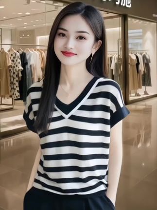 哥弟阿玛施正品时尚百搭宽松V领针织衫女短袖假两件T恤:/ 气质夏薄款#百搭宽松 #针织衫 #短袖假两件 #气质薄款