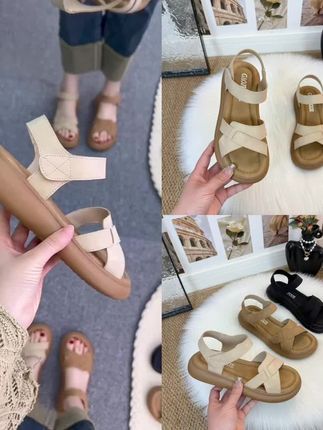 夏季新款平底凉鞋女士外穿百搭魔术贴休闲复古软底露趾沙滩鞋#爆款热卖中 #厂家直发