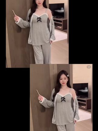 大码200斤宽松春秋季新款甜美蕾丝边长袖睡衣女三件套带胸垫套装#春秋新款#蕾丝边长袖睡衣三件套#柔软亲肤舒适#双十一好物推荐
