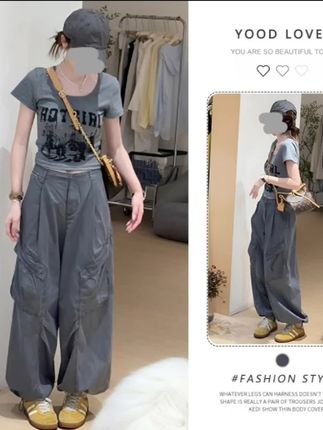 #女装搭配巨好看的夏装一整套女时尚减龄印花短袖t恤复古工装阔腿裤两件套#休闲风穿搭 #工装裤套装
