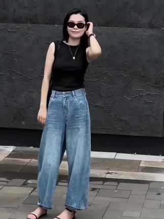 2025夏季新款女遮肉港风简约百搭显瘦梨形身材九分裤阔腿裤牛仔裤