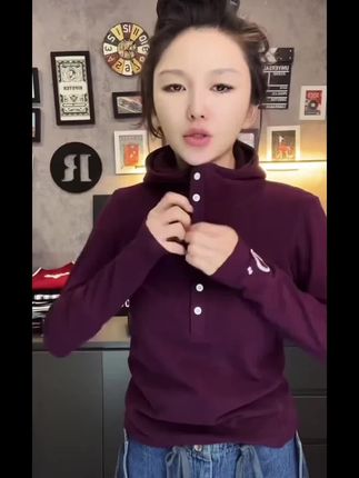双面德绒连帽半开扣长袖T恤女修身显瘦百搭气质上衣#潮流时尚#百搭潮流