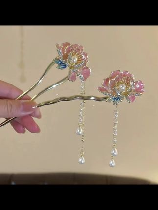中式流苏簪子珐琅彩国风旗袍牡丹花u型发簪高级感气质发古风簪子