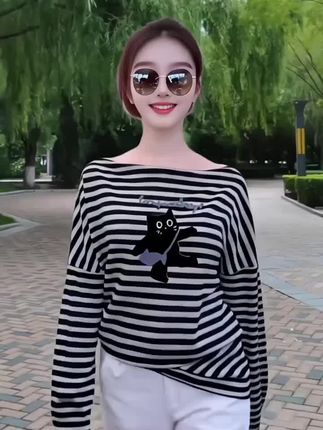 2025秋季新款韩版卡通印花条纹长袖T恤女宽松 品瘦一字领露肩上衣#时尚休闲百搭好看又好穿
