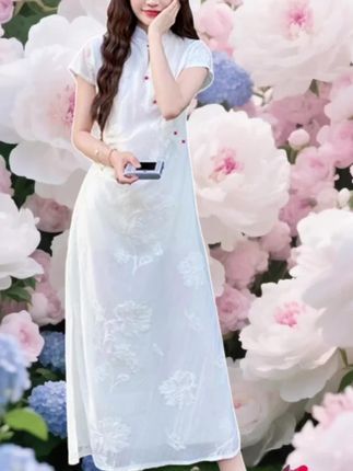 新中式国风旗袍连衣裙女夏季新款今年流行爆款提花盘扣长裙子 #中式国风女装裙装 #夏季新款#国风古韵 #旗袍穿搭#谁穿谁漂亮