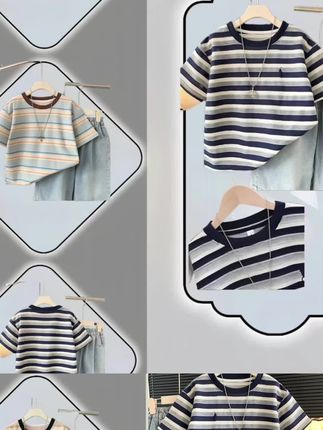 童装男童夏装T恤2025新款儿童夏季薄款条纹棉短袖男孩宽松帅