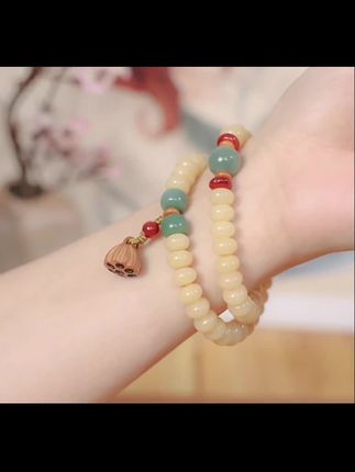 【【步步莲升】老师父手工制作奶黄白玉菩提双圈手串手持9/6mm不碰水】#手串搭配 #手链 #菩提手串 #手饰 #配饰
