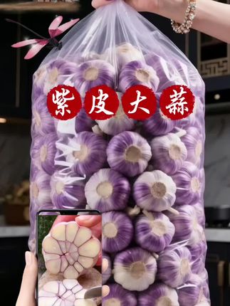 浓郁紫皮蒜,鲜辣入魂 精选新鲜紫皮大蒜,外皮紫红油亮,颗颗圆润饱满。剥开蒜衣,蒜瓣紧实莹白,清新蒜香扑面而来。生吃,辛辣劲足,唤醒味蕾;炒菜,增香提鲜,是菜肴的“灵魂配角”;用来腌蒜酱、做糖蒜,风味更是独特。营养丰富,是厨房必备的调味神器,轻松为家常菜注入鲜香滋味! #大蒜 #紫皮大蒜 #蒜 #调味料 #调味品