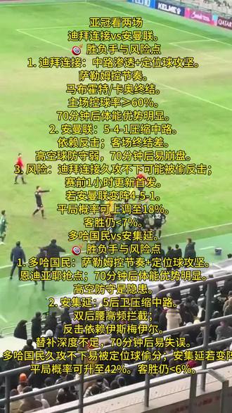 亚冠看两场#迪拜连接vs安曼联
迪拜连接vs安曼联。
🎯 胜负手与风险点
1. 迪拜连接:中路渗透+定位球攻坚。
萨勒姆控节奏。
马布霍特/卡奥终结。
主场控球率≥60%。
70分钟后体能优势明显。
2. 安曼联:5-4-1压缩中路。
依赖反击;客场终结差。
高空球防守弱,70分钟后易崩盘。
3. 风险:迪拜连接久攻不下可能被偷反击;
赛前1小时更新首发。
若安曼联变阵4-5-1。
平局概率可上调至18%。
客胜仍<7%。
#多哈国民vs安集延
多哈国民vs安集延。
🎯 胜负手与风险点
1. 多哈国民:萨勒姆控节奏+定位球攻坚。
恩迪亚耶抢点;70分钟后体能优势明显。
高空防守是隐患。
2. 安集延:5后卫压缩中路。
双后腰高频拦截;
反击依赖伊斯梅伊尔。
替补深度不足,70分钟后易失误。
3. 风险:多哈国民久攻不下易被定位球偷分;安集延若变阵4-5-1。
平局概率可升至42%。客胜仍<6%。
#