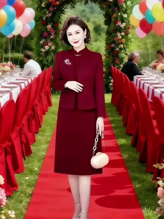 喜婆婆婚宴装丈母娘结婚礼服女高贵秋装红色两件套妈妈连衣裙短款 #秋季日常实用穿搭思路分享#晒晒我的秋日穿搭