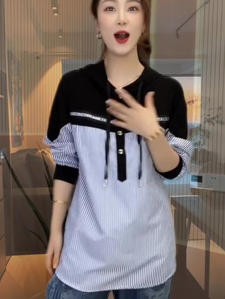 大码气质减龄连衣裙韩版宽松拼接连帽上衣百搭遮肚衬衣 #时尚气质穿搭 #休闲穿搭 #谁穿谁好看