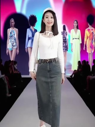 #牛仔裙 #时尚潮流休闲直筒牛仔半身裙遮肚子过膝长裙女春秋新款百搭一步裙